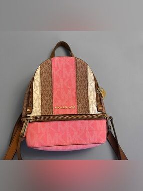 Michael Kors Coral Pink & Brown Signature Stripe Mini Backpack